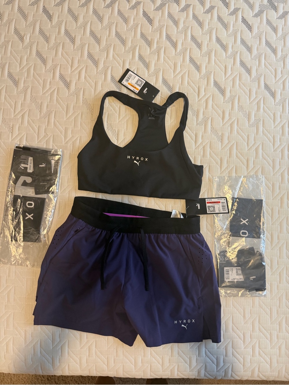 Puma HYROX Black Sports Bra with Purple Training Shorts and 2x headbands